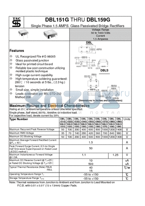 DBL159G datasheet - Single Phase 1.5 AMPS. Glass Passivated Bridge Rectifiers