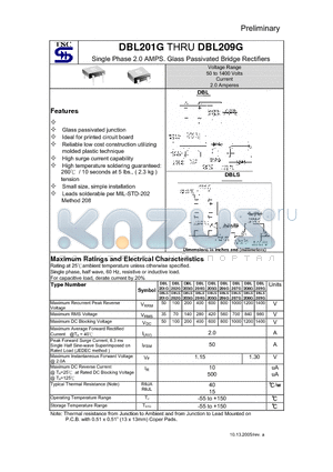 DBL201G datasheet - Single Phase 2.0 AMPS. Glass Passivated Bridge Rectifiers