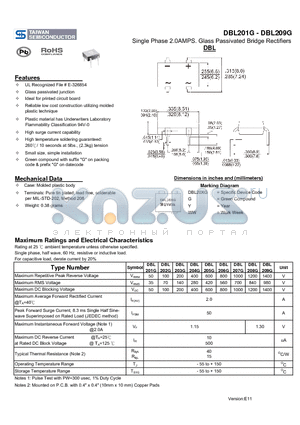 DBL201G datasheet - Single Phase 2.0AMPS. Glass Passivated Bridge Rectifiers