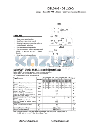 DBL201G datasheet - Single Phase2.0 AMP. Glass Passivated Bridge Rectifiers