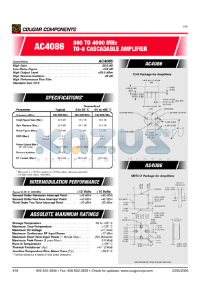 AC4086 datasheet - 800 TO 4000 MHz TO-8 CASCADABLE AMPLIFIER