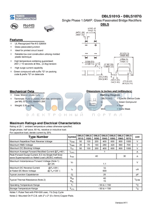 DBLS102G datasheet - Single Phase 1.0AMP. Glass Passivated Bridge Rectifiers