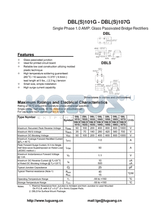 DBLS102G datasheet - Single Phase 1.0 AMP. Glass Passivated Bridge Rectifiers