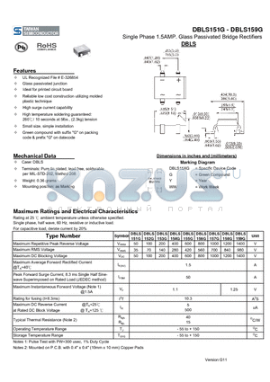 DBLS151G datasheet - Single Phase 1.5AMP. Glass Passivated Bridge Rectifiers