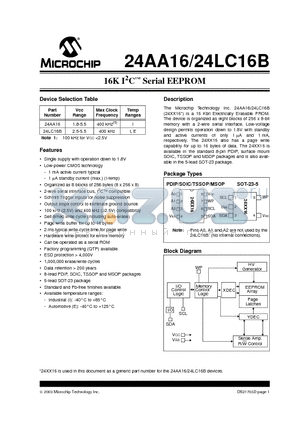 24AA16 datasheet - 16K I2C Serial EEPROM