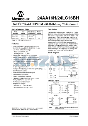 24AA16HT datasheet - 16K I2C Serial EEPROM with Half-Array Write-Protect