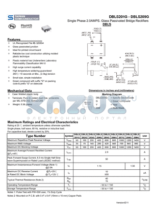 DBLS201G datasheet - Single Phase 2.0AMPS. Glass Passivated Bridge Rectifiers