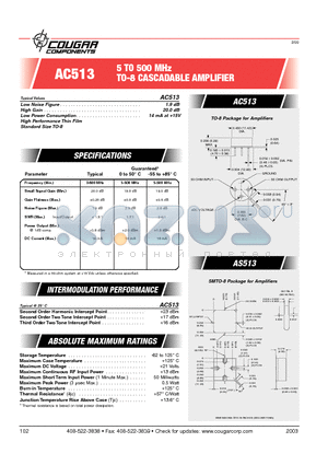 AC513 datasheet - 5 TO 500 MHz TO-8 CASCADABLE AMPLIFIER