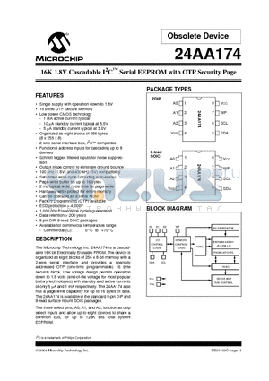 24AA174 datasheet - 16K 1.8V Cascadable I2C Serial EEPROM with OTP Security Page