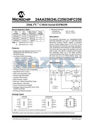 24AA256-E/SN datasheet - 256K I2C CMOS Serial EEPROM