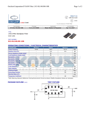 813-SL140.0M-10B datasheet - 140.0 MHz Bandpass Filter Low Loss