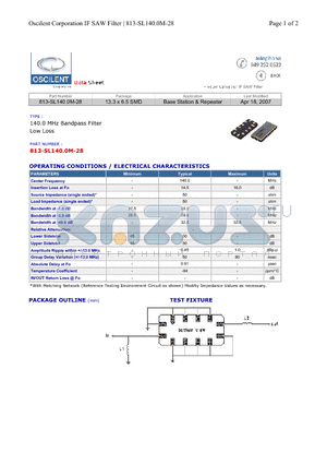 813-SL140.0M-28 datasheet - 140.0 MHz Bandpass Filter Low Loss