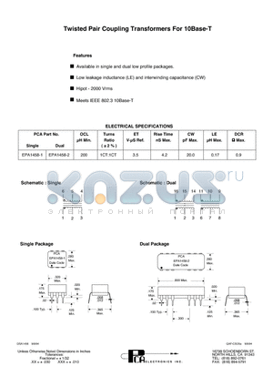 EPA1458-2 datasheet - Twisted Pair Coupling Transformers For 10Base-T