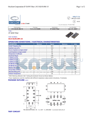 813-SL95.0M-15 datasheet - IF SAW Filter