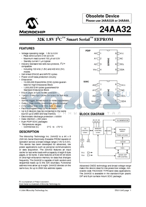 24AA32-/P datasheet - 32K 1.8V I2C Smart Serial EEPROM