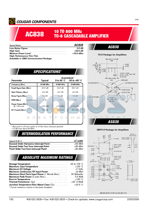 AC838 datasheet - 10 TO 800 MHz TO-8 CASCADABLE AMPLIFIER
