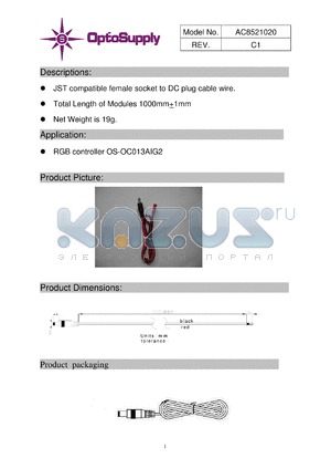 AC8521020 datasheet - JST compatible female socket to DC plug cable wire.