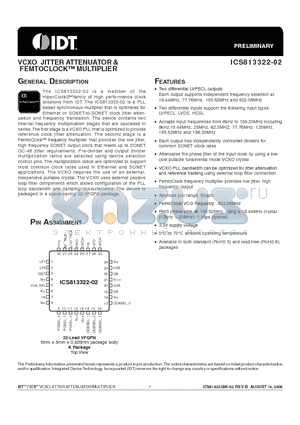 813322BK-02T datasheet - VCXO JITTER ATTENUATOR & FEMTOCLOCK MULTIPLIER