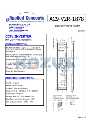 AC9-V2R-1878 datasheet - power typically 4CCFLs up to power levels of 20 Watts from a nominal 12V source.