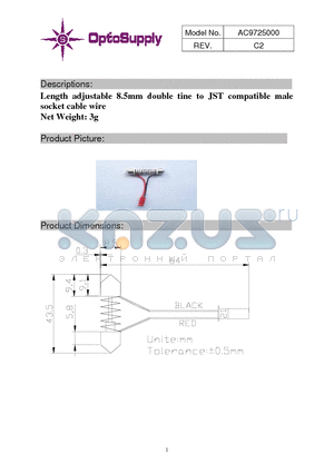 AC9725000 datasheet - Length adjustable 8.5mm double tine to JST compatible male