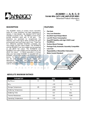 ACA0861C datasheet - 750/860 MHz CATV LINE AMPLIFIER MMIC