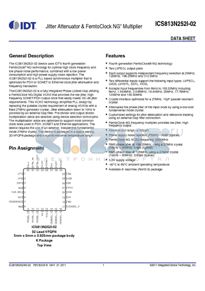 813N252AKI-02LFT datasheet - Jitter Attenuator & FemtoClock NG^ Multiplier