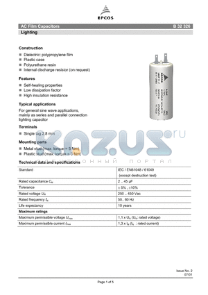 B32326-A1126 datasheet - AC Film Capacitors Lighting