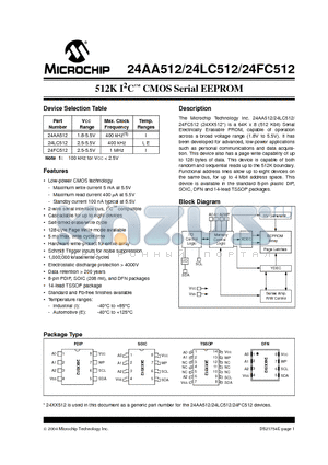 24AA512 datasheet - 512K I2C CMOS Serial EEPROM