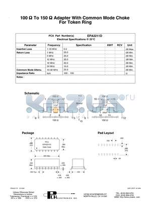 EPA2211D datasheet - 100 Y To 150 Y Adapter With Common Mode Choke For Token Ring