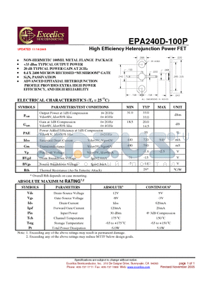 EPA240D-100P datasheet - High Efficiency Heterojunction Power FET
