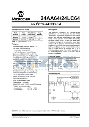 24AA64-E/P datasheet - 64K I2C Serial EEPROM