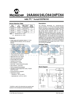 24AA64-E/MS datasheet - 64K I2C Serial EEPROM
