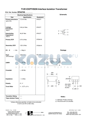 EPA2749 datasheet - T1/E1/CEPT/ISDN Interface Isolation Transformer