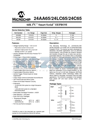 24AA65T-/SM datasheet - 64K I2C Smart Serial EEPROM