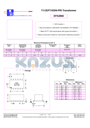 EPA2866 datasheet - T1/CEPT/ISDN-PRI Transformer