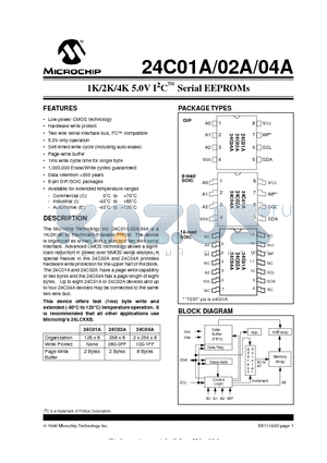 24C01A-ESM datasheet - 1K/2K/4K 5.0V I 2 C O Serial EEPROMs