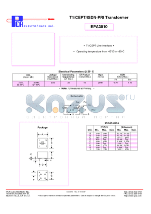 EPA3010 datasheet - T1/CEPT/ISDN-PRI Transformer