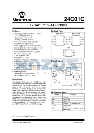 24C01C-I/SN datasheet - 1K 5.0V I2C  Serial EEPROM