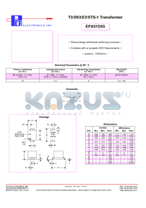 EPA3133G datasheet - T3/DS3/E3/STS-1 Transformer