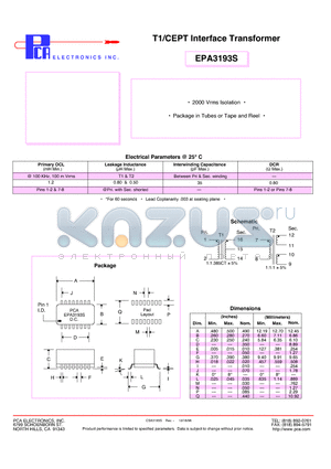 EPA3193S datasheet - T1/CEPT Interface Transformer