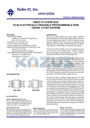24C02 datasheet - CMOS I2C 2-WIRE BUS 1K/2K ELECTRICALLY ERASABLE PROGRAMMABLE ROM 128/256 X 8 BIT EEPROM