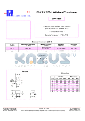 EPA3285 datasheet - DS3/ E3/ STS-1 Wideband Transformer