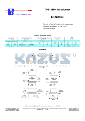 EPA3296S datasheet - T1/E1 ISDN Transformer