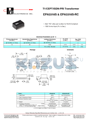 EPA3310S datasheet - T1/CEPT/ISDN-PRI Transformer