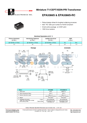 EPA3386S datasheet - Miniature T1/CEPT/ISDN-PRI Transformer