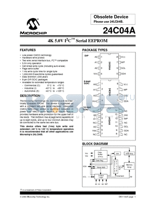 24C04A-E/SN datasheet - 4K 5.0V I 2 C  Serial EEPROM