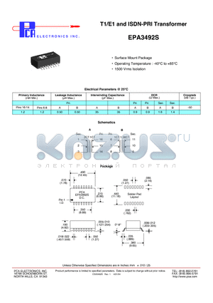 EPA3492S datasheet - T1/E1 and ISDN-PRI Transformer