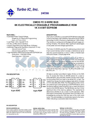 24C08 datasheet - CMOS IC 2-WIRE BUS 8K ELECTRICALLY ERASABLE PROGRAMMABLE ROM 1K X 8 BIT EEPROM