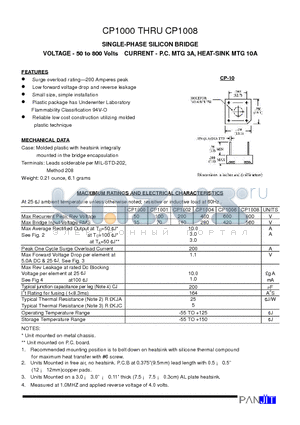 CP1000 datasheet - SINGLE-PHASE SILICON BRIDGE(VOLTAGE - 50 to 800 Volts CURRENT - P.C. MTG 3A, HEAT-SINK MTG 10A)