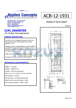 ACB-12-1931 datasheet - power 6 CCFLs to a nominal power level of 32.4 Watts from an input voltage of 12V.